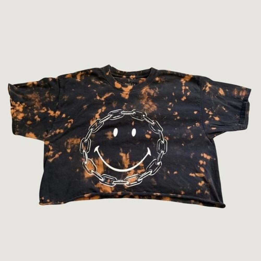 Smiley Originals Bleach Tie Dye Crop Top Black Orange Chain Smiley Graphic Tee L